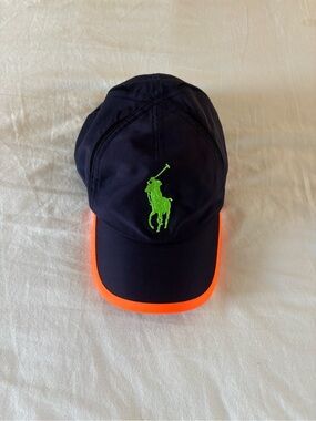 Polo Ralph Lauren Navy Cap with Neon Green Logo and Orange Trim